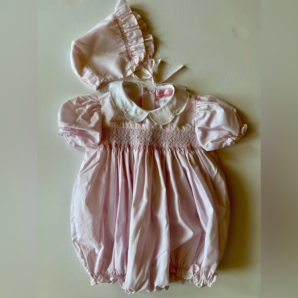 Petit Ami Pale Pink Embroidered Baby Bubble with matching bonnet